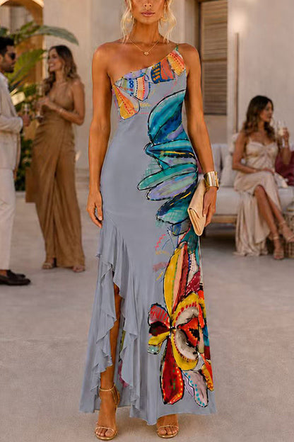 One Shoulder Sleeveless Floral Print Ruffle Hem Maxi Dress