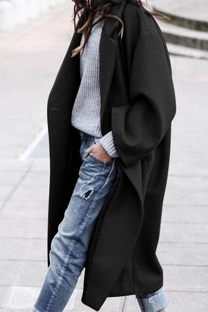 Solid Long Sleeve Oversized Winter Long Coat Black
