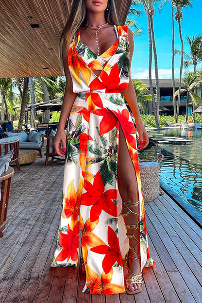 V Neck High Slit Maxi Cover Up Dress with Crop Cami Top Beach Set Red