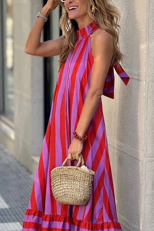 Halter Neck Open Back Striped Ruffle Maxi Vacation Dress