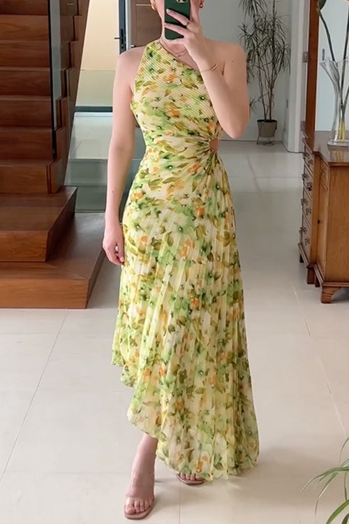 Printed One Shoulder Cut Out Waist Pleated Irregular Dress Yellow
