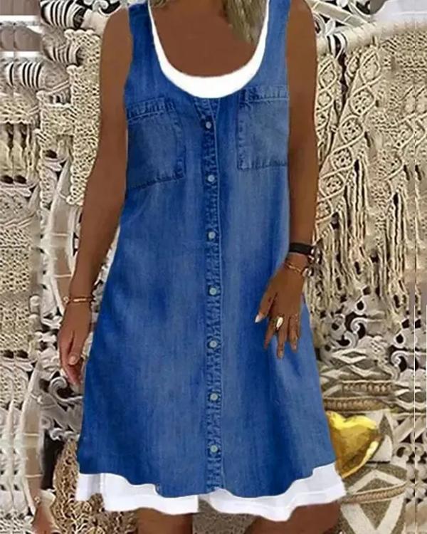 Clidress Denim Look Print Fake Two Piece Mini Dress