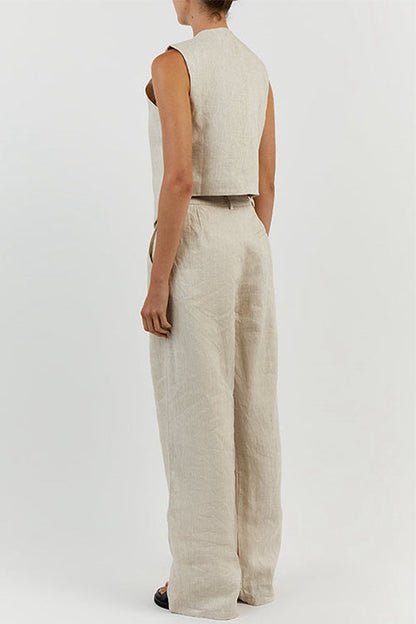V Neck Button Down Blazer Vest and Wide Leg Pants Set