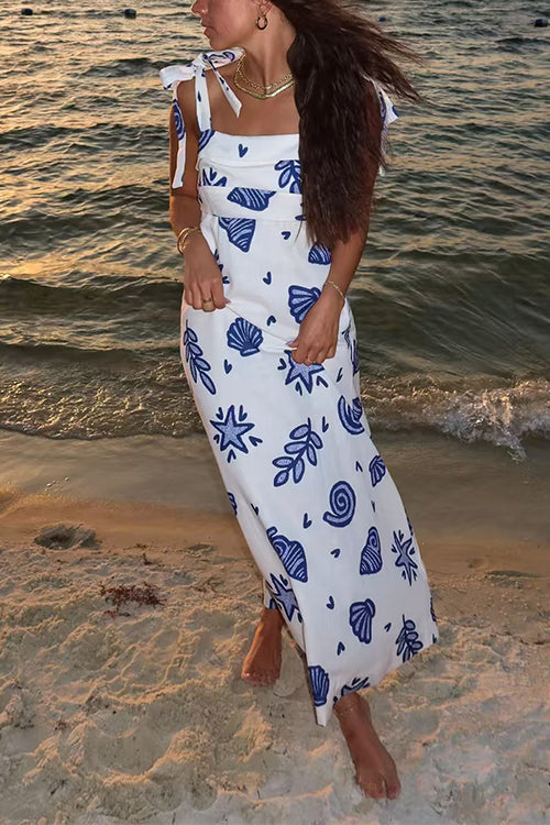 Bow Shoulder Sleeveless Seashell Print Maxi Dress