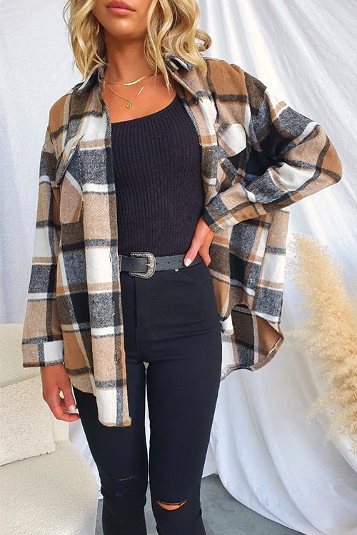 Lapel Button Down Pockets Plaid Shacket Coat Khaki