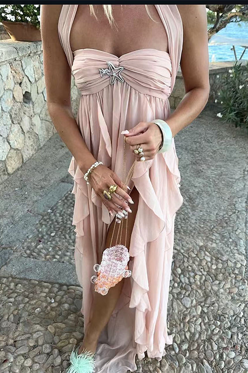 Sleeveless Open Back Ruffle Trim Slit Maxi Dress