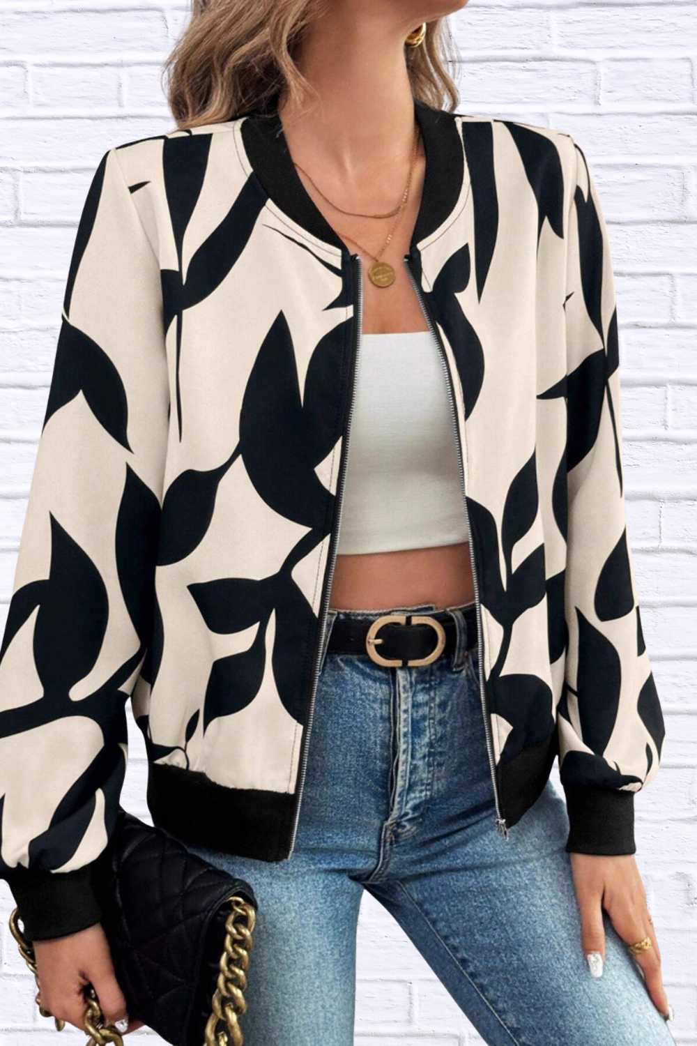 Printed Zip Up Long Sleeve Jacket Apricot