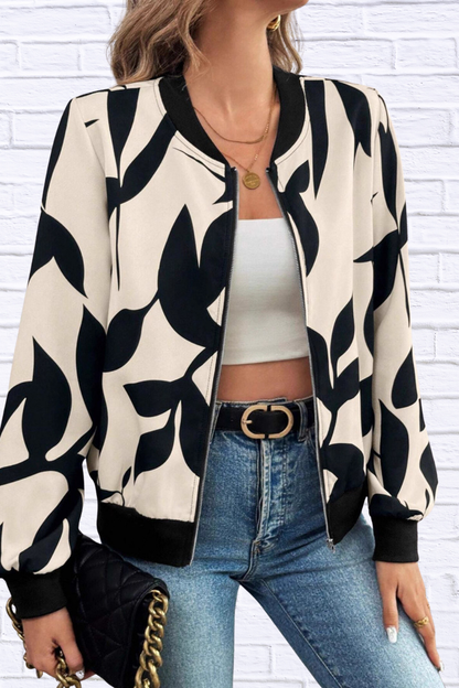 Printed Zip Up Long Sleeve Jacket Apricot