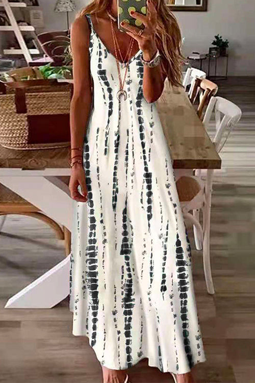 V Neck Tie Dye Swing Maxi Cami Dress White