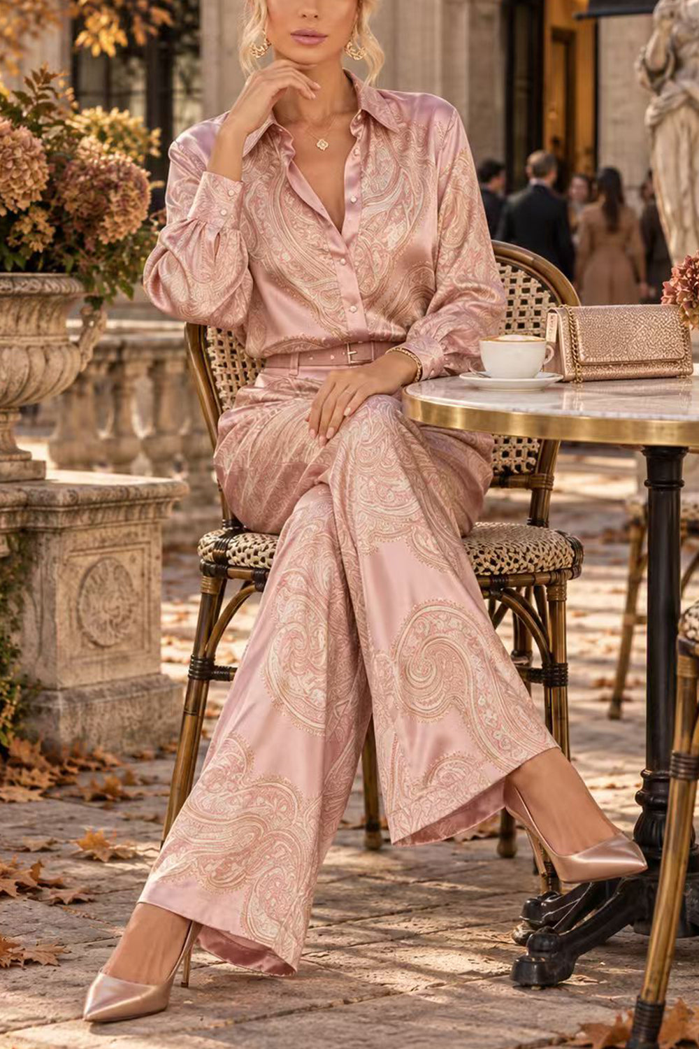 Lapel Long Sleeves Shirt High Rise Pocketed Straight Leg Pants Paisley Print Set (B)