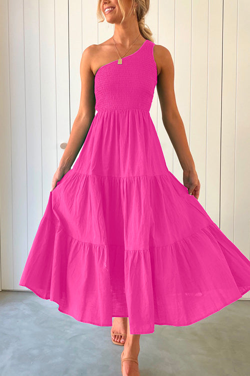 One Shoulder Sleeveless Smocked Ruffle Tiered Maxi Dress HotPink