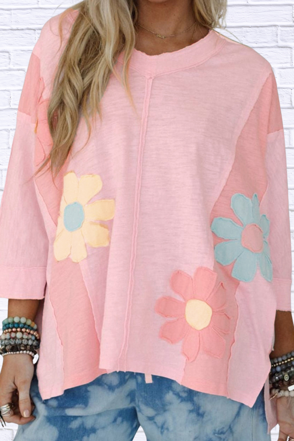 Flower Patched Exposed Seam Oversized T Shirt Watermelon pink