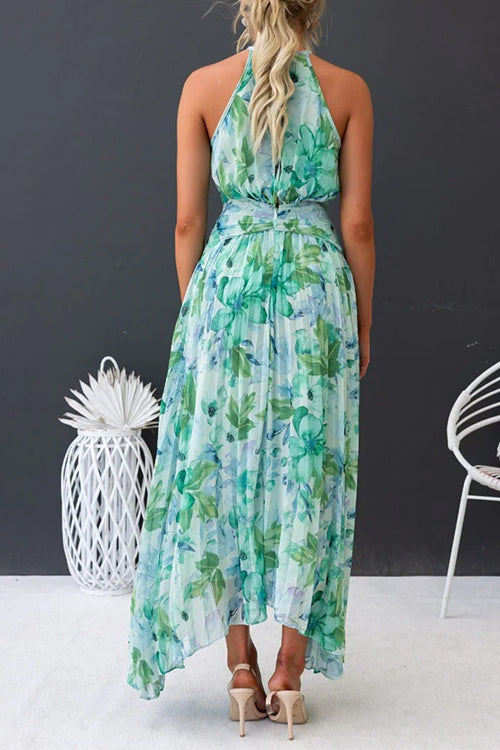V Neck Waisted Cut Out Floral Pleated Maxi Dress