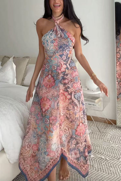 Halter Neck Open Back Floral Print Maxi Dress