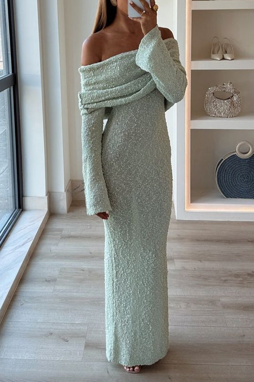 Off Shoulder Long Sleeves Bodycon Knit Maxi Dress