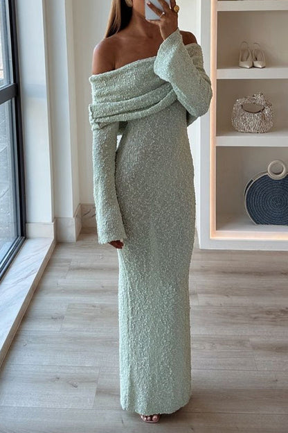 Off Shoulder Long Sleeves Bodycon Knit Maxi Dress