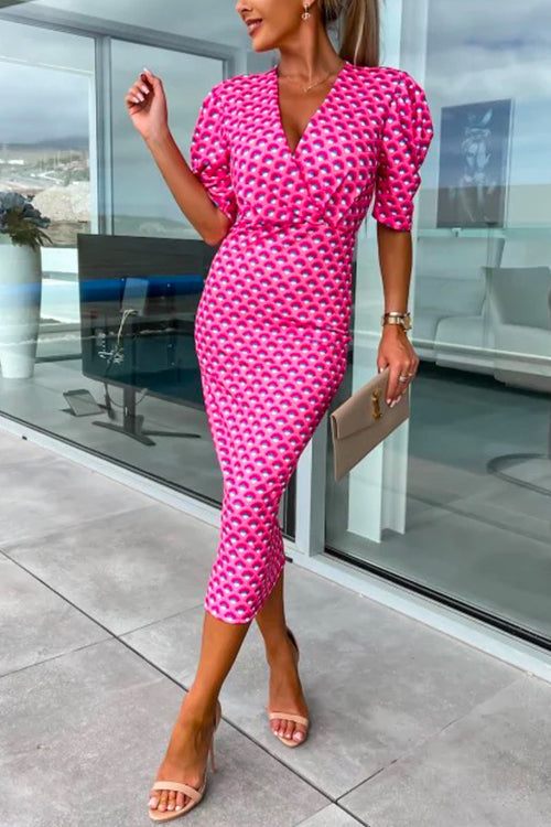 Wrap V Neck Puff Sleeves Printed Midi Bodycon Dress HotPink