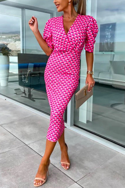 Wrap V Neck Puff Sleeves Printed Midi Bodycon Dress HotPink