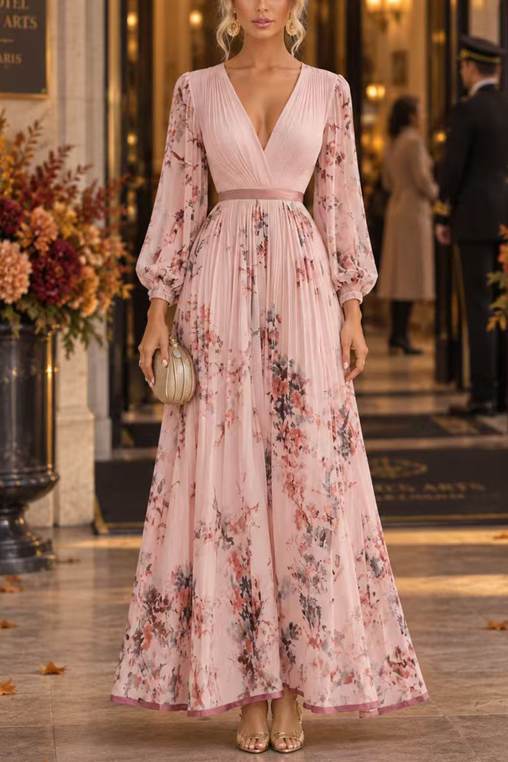 V Neck Lantern Long Sleeves Floral Print Pleated Maxi Dress (A)