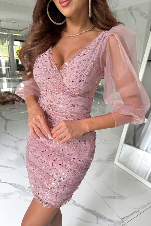 V Neck Ruched Mesh Sequin Bodycon Mini Dress