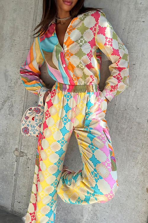 Contrast Print Long Sleeves Blouse Shirt and Pocketed Cargo Pants Set
