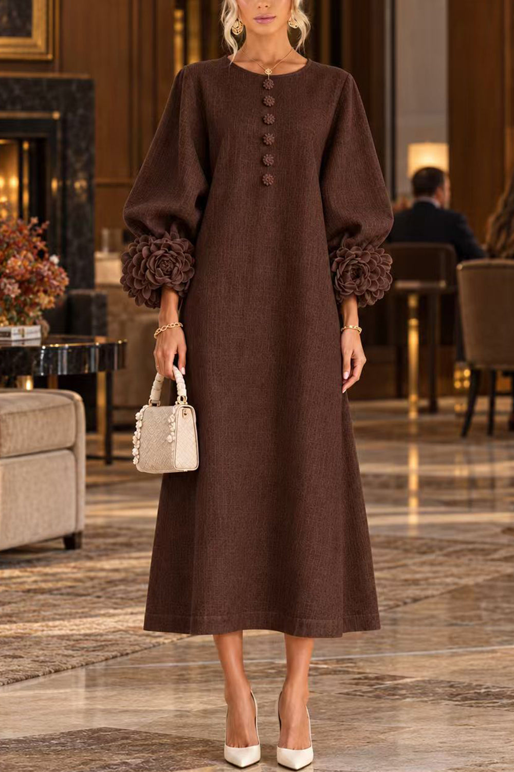 Floral Applique Puff Sleeve A-Line Midi Dress