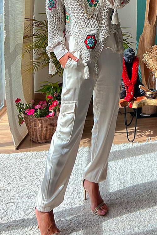 Solid Satin Cargo Pants with Pockets Champagne