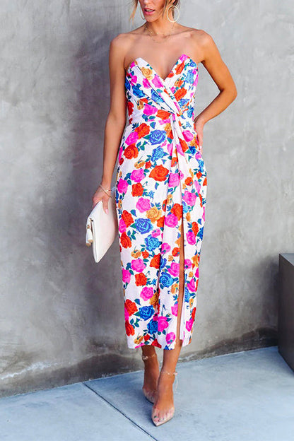 Off Shoulder Twist Waist High Slit Floral Dress Floral