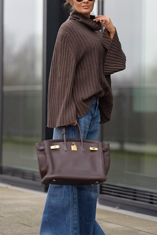 Turtleneck Solid Ribbed Knit Sweater