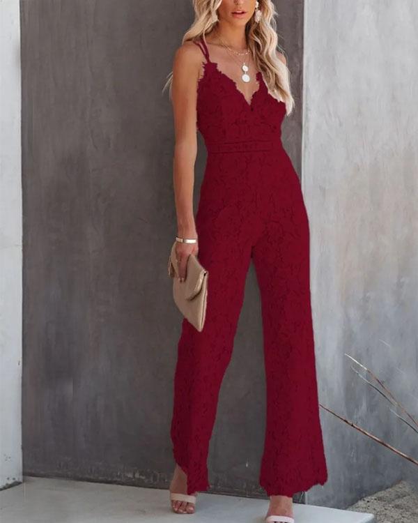 Clidress Slip Deep V Neck Lace Jumpsuit