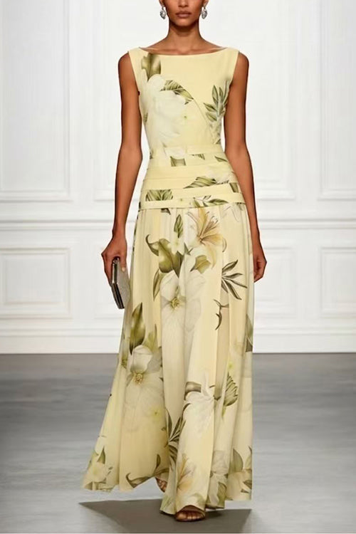 Boat Neck Sleeveless Floral Print Flowy Maxi Dress