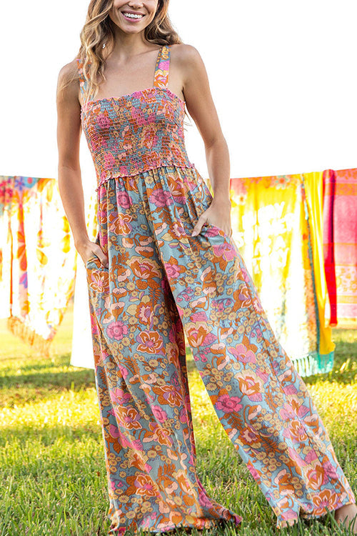 Wide Straps Smocked Wide Leg Floral Jumpsuit Floral