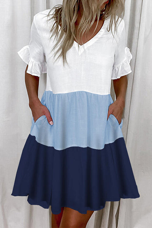 V Neck Ruffle Sleeves Color Block Mini Dress Blue