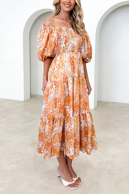 Off Shoulder Puff Sleeves Tiered Printed Midi Holiday Dress