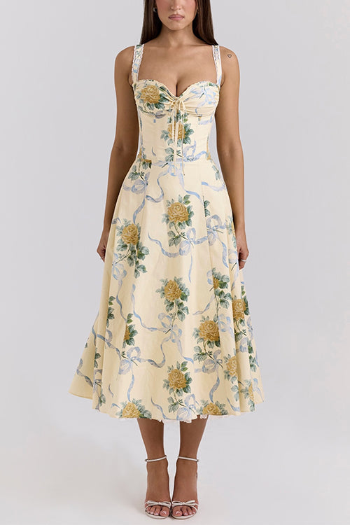 Lace Trim Drawstring Floral Print Midi Cami Dress