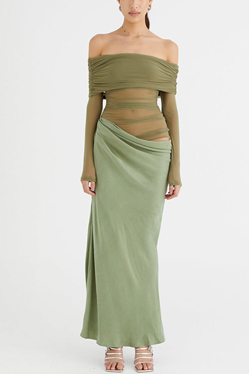 Off Shoulder Long Sleeves Mesh Splice Maxi Dress