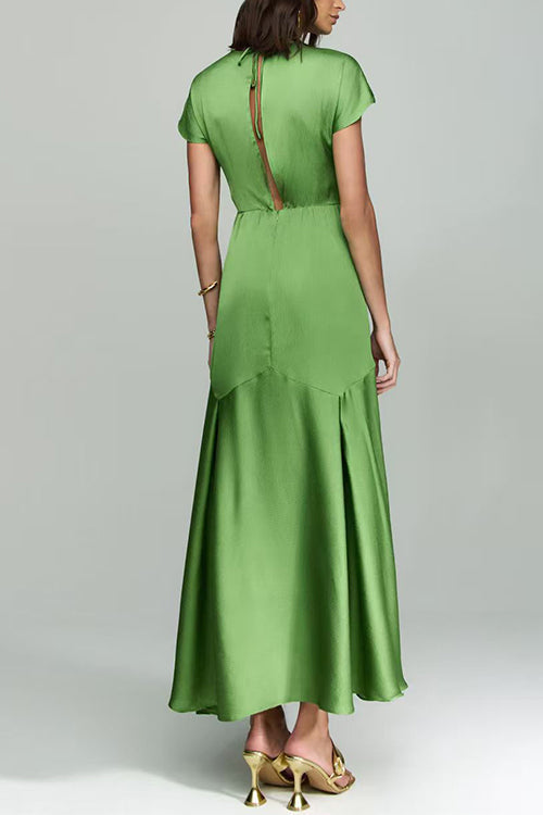 Crewneck Short Sleeves Back Cut Out Satin Maxi Dress
