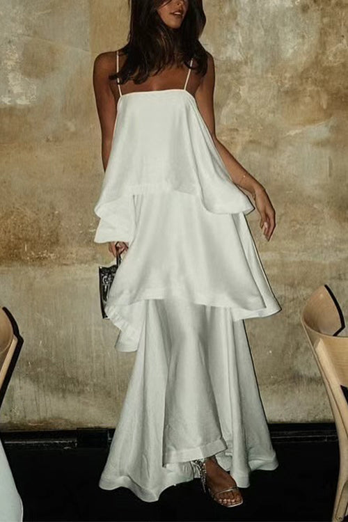 Spaghetti Strap Ruffle Layered Satin Maxi Dress