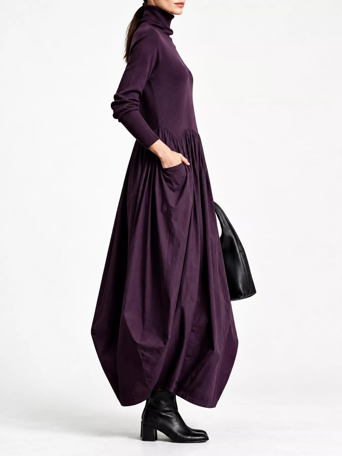 Turtleneck Maxi Dress with Long Sleeves and Pockets