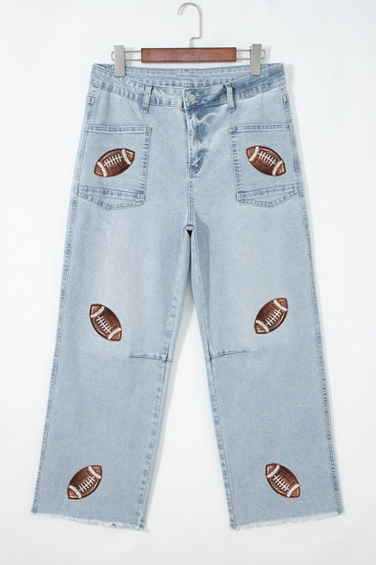 Beau Blue Sequin Detail Patched Rugby Pattern Raw Hem Shift Jeans