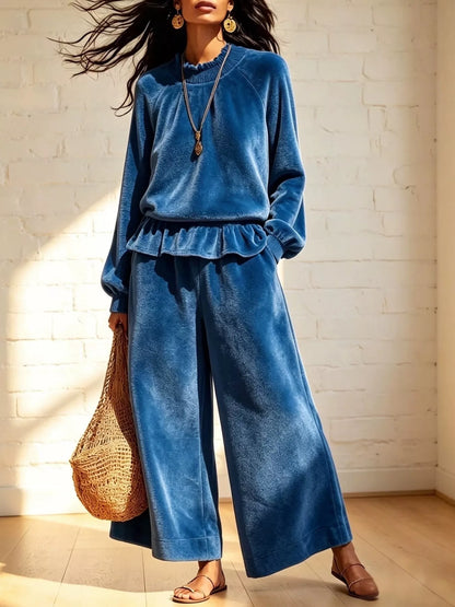 Velvet Ruffled Hem Top and Wide-Leg Pants Set