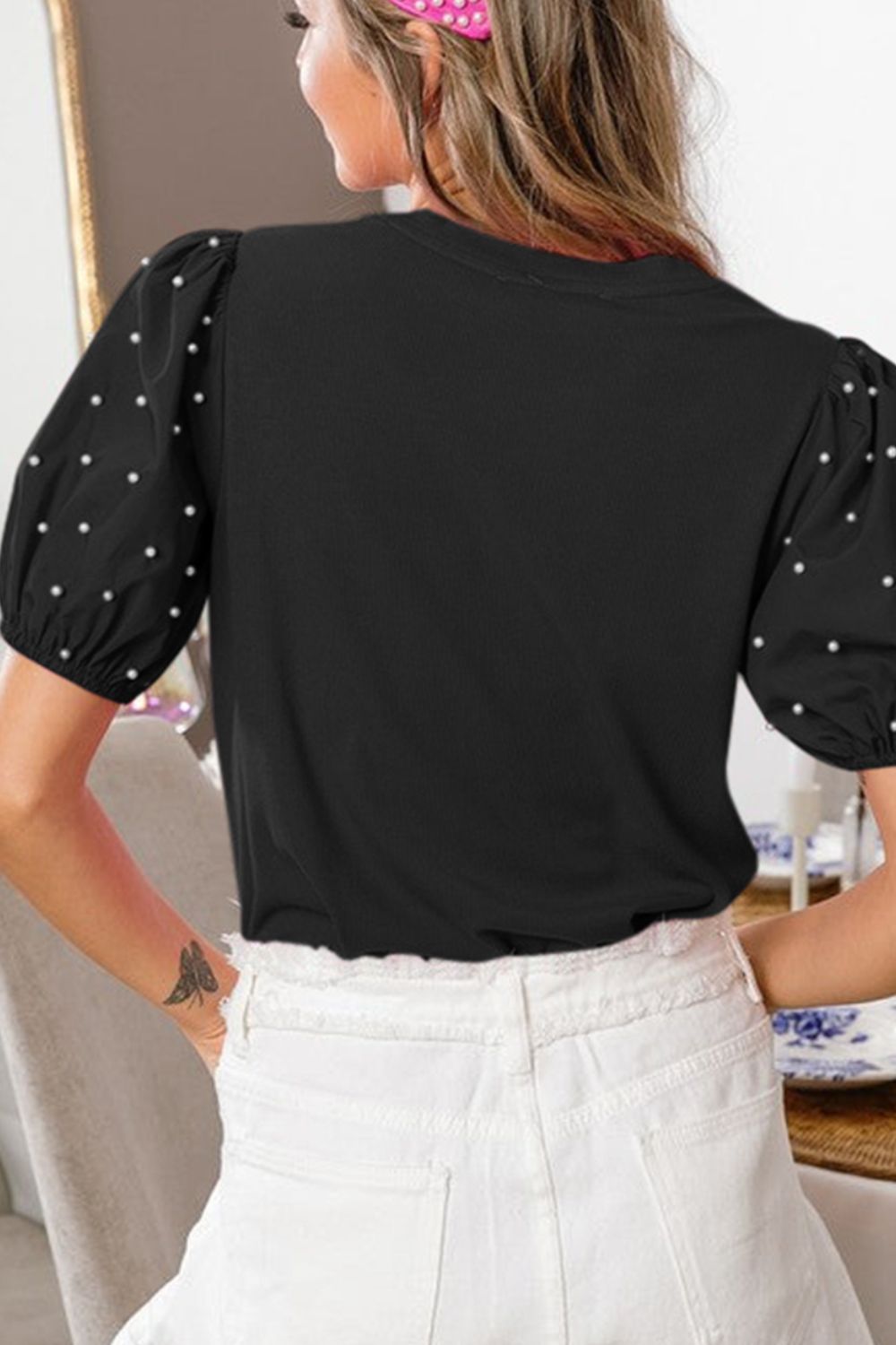 Pearl Detail Round Neck Short Sleeve Blouse