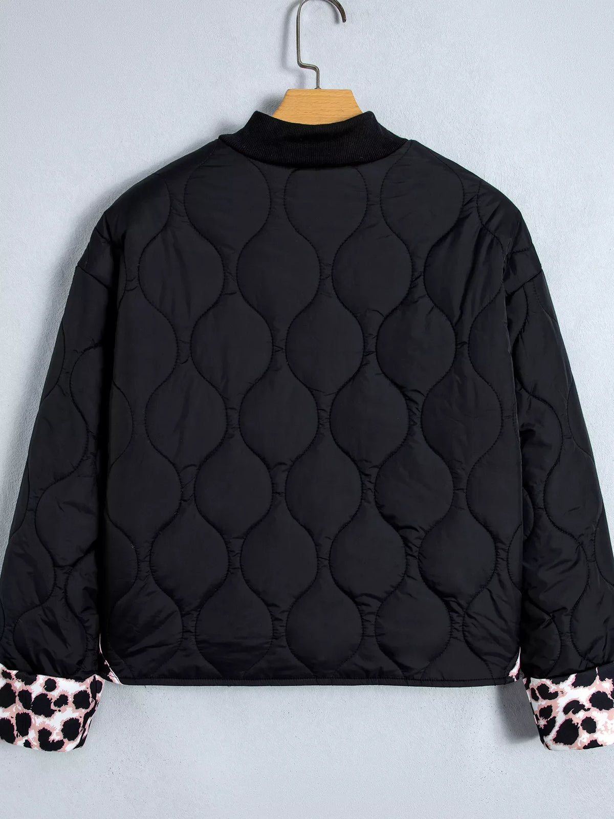 Quilted Leopard Cuff Button Down Puffer Jacket