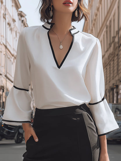 Contrast-Trim V-Neck Elegant Blouse White