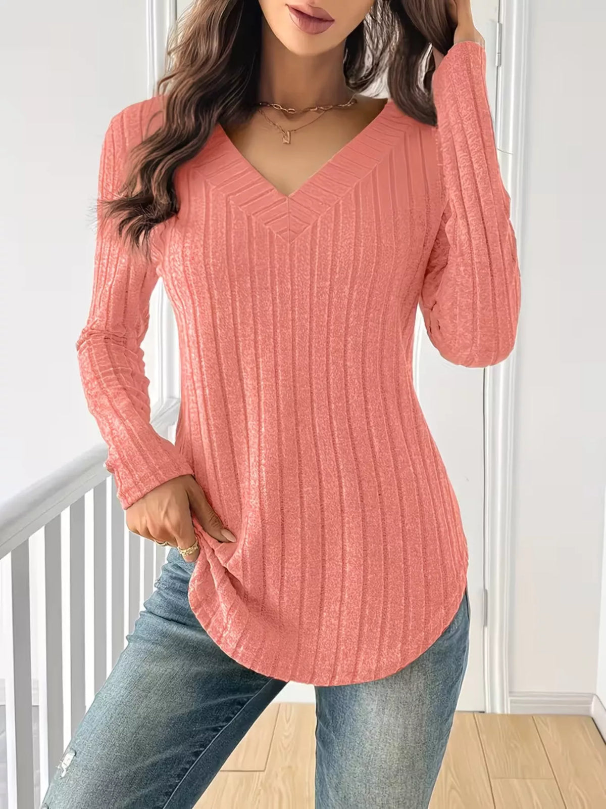 Ribbed Knit Long Sleeve T-Shirt
