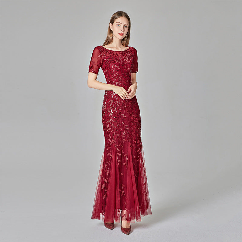 Jesse Sequin Mesh Gown Burgundy