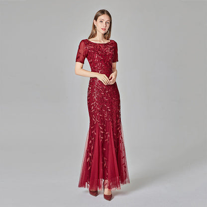 Jesse Sequin Mesh Gown Burgundy