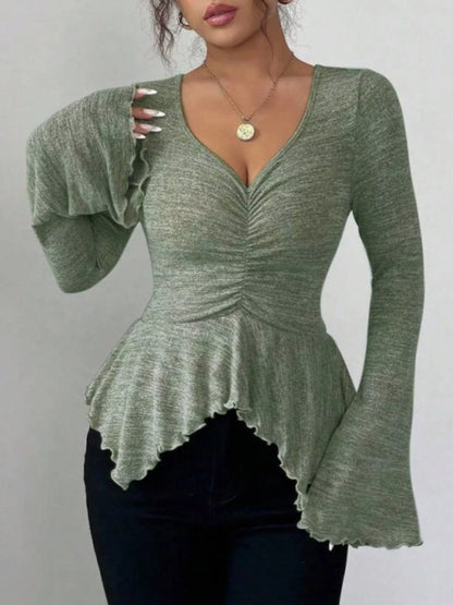 Ruched Flared Sleeves Peplum T-Shirt