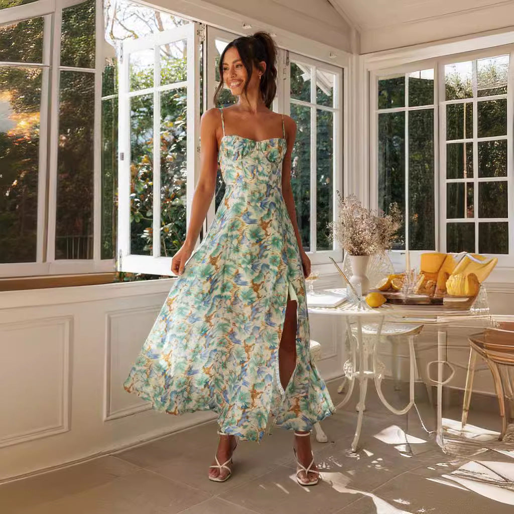 Printed Hem Slit Backless Maxi Dress Green