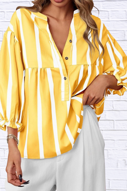 Striped Button Front Notched Blouse